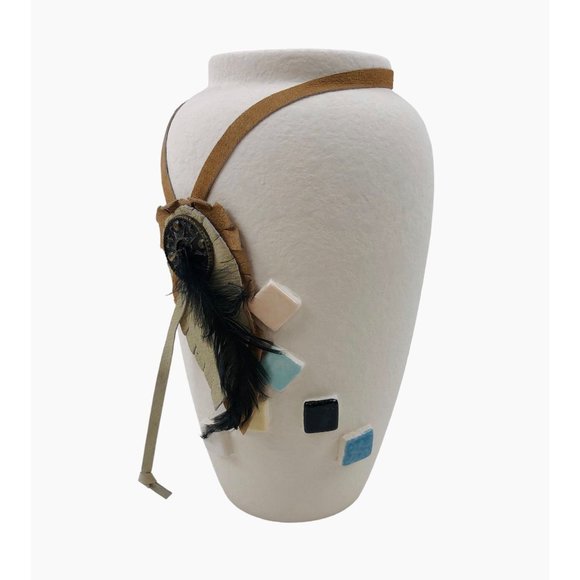 Native American Indian Style Vase Feather Vase White Home Decor Pottery 8 in - Picture 2 of 10